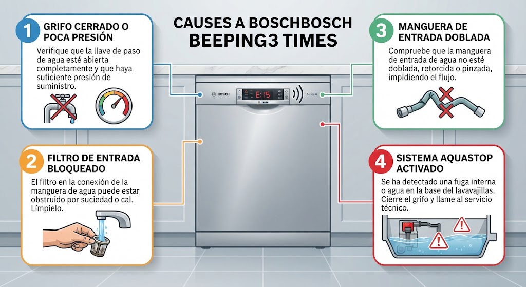 Lavavajillas Bosch pita 3 veces: qué significa y qué hacer
